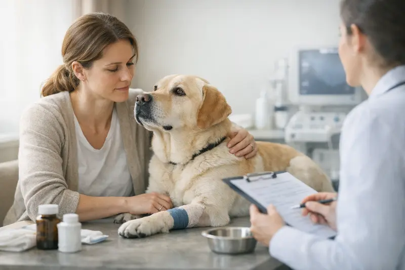 Tierarzt untersucht einen Hund vor der Operation und erklärt die Kosten der Voruntersuchungen.