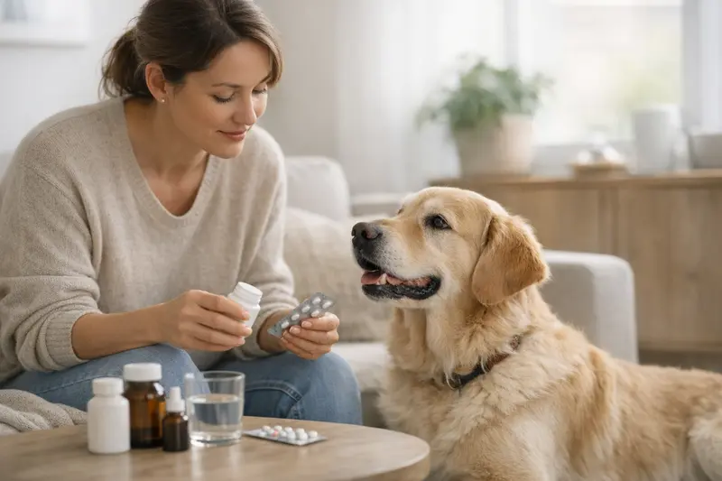 Hund beim Tierarzt mit Medikamenten Ein Hund beim Tierarzt, der Medikamente für eine ambulante Behandlung erhält.