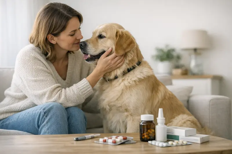 Medikamentenvergabe beim Hund Ein Hund bekommt am Tierarzt Medikamente verabreicht, was in einer Hundekrankenversicherung berücksichtigt wird.