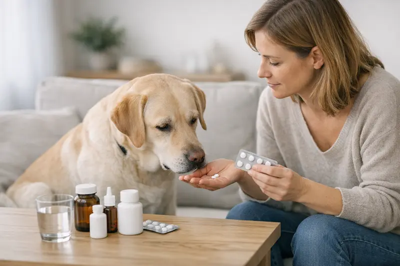 Medikamente in der Hundekrankenversicherung Ein Hund sitzt brav in der Tierarztpraxis, während die Tierärztin Medikamente bereitstellt.