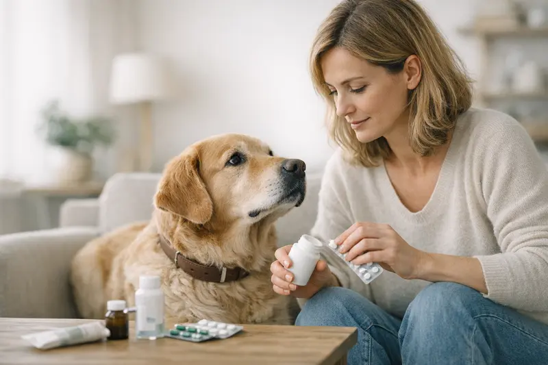 Hund beim Tierarzt mit Medikamenten Ein Hund liegt beim Tierarzt und erhält eine Behandlung.