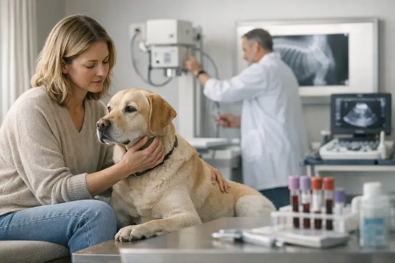Tierarzt führt Blutuntersuchung bei einem Hund durch, um vor einer möglichen Operation die Gesundheit zu prüfen.