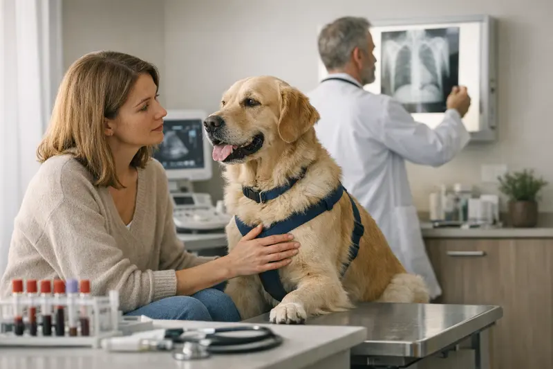 Hund beim Bluttest vor OP Ein Hund beim Veterinär, während Bluttests durchgeführt werden, um vor einer Operation gesundheitliche Risiken abzuklären.