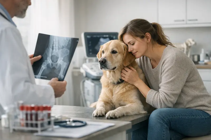 Tierarzt führt einen Bluttest bei einem Hund durch, um vor einer OP Diagnosen zu stellen.