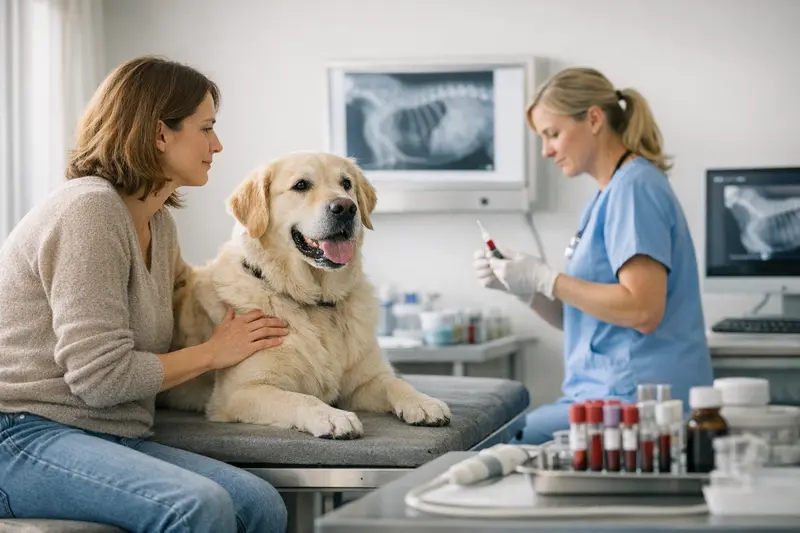 Ein Hund wird von einem Tierarzt untersucht, um eine mögliche Operation vorzubereiten.
