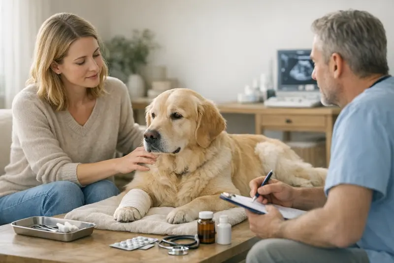 Eine Hundebesitzerin bespricht mit einem Tierarzt die Unterschiede zwischen OP-Versicherung und Hundekrankenversicherung.