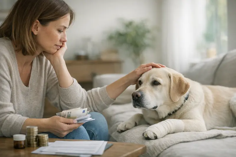 Ein Hund beim Tierarzt, der durch eine Selbstbeteiligung bei Krankheitskosten unterstützt wird.
