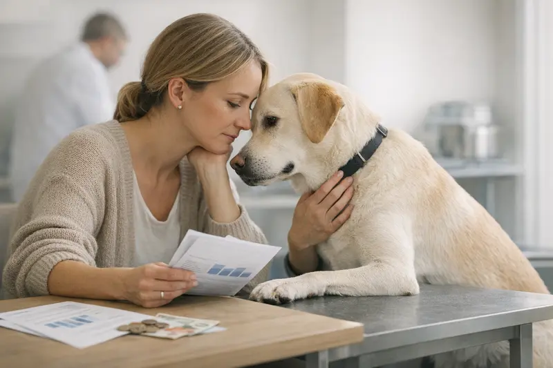 Selbstbeteiligung Hundekrankenversicherung Ein Hund, der zum Tierarzt gebracht wird, symbolisiert Fragen zur Selbstbeteiligung in der Hundekrankenversicherung.