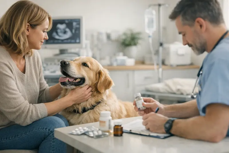 Tierarzt untersucht einen Hund auf gesundheitliche Probleme und bespricht Versicherungsmöglichkeiten.