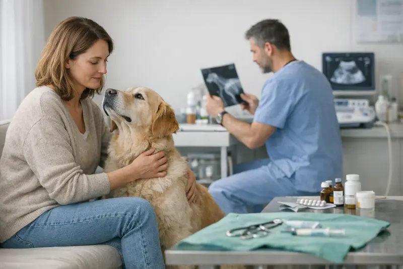 Eine glückliche Frau mit ihrem Hund beim Tierarzt, der einer Behandlung unterzogen wird.