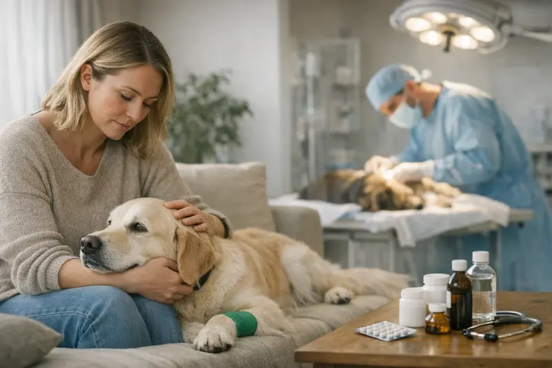 Unterschied zwischen OP-Versicherung und Hundekrankenversicherung Eine glückliche Familie mit ihrem Hund, die zu einer Tierarztpraxis geht, um mehr über Hundekrankenversicherung und OP-Versicherung zu erfahren.