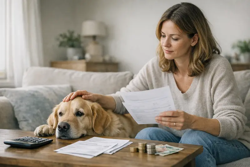 Selbstbeteiligung in der Hundekrankenversicherung Ein Hund beim Tierarzt, der eine Behandlung erhält, während der Halter über die Selbstbeteiligung nachdenkt.