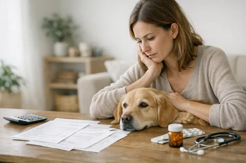 Eine Familie mit ihrem Hund bespricht die wichtigsten Tarifpunkte der Tierkrankenversicherung, die den Eigenanteil beeinflussen.