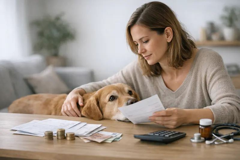 Eine Frau mit ihrem Hund beim Tierarzt, um die Tarife der Hundeversicherung zu besprechen.