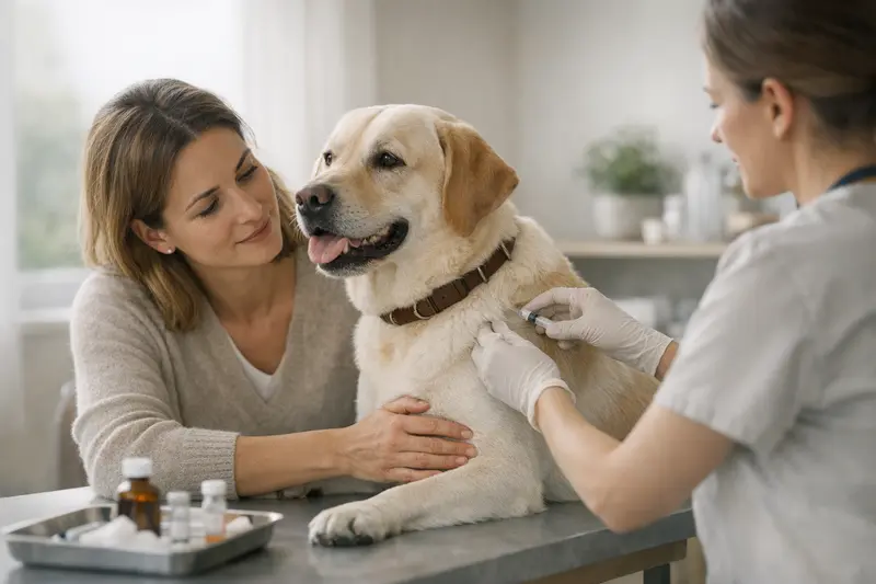 Ein Hund bei einem Tierarzt für eine Impfung.