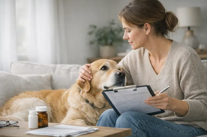 Tierarztgespräch über Vorerkrankungen Ein Hundebesitzer konsultiert einen Tierarzt über Vorerkrankungen und den Versicherungsschutz.