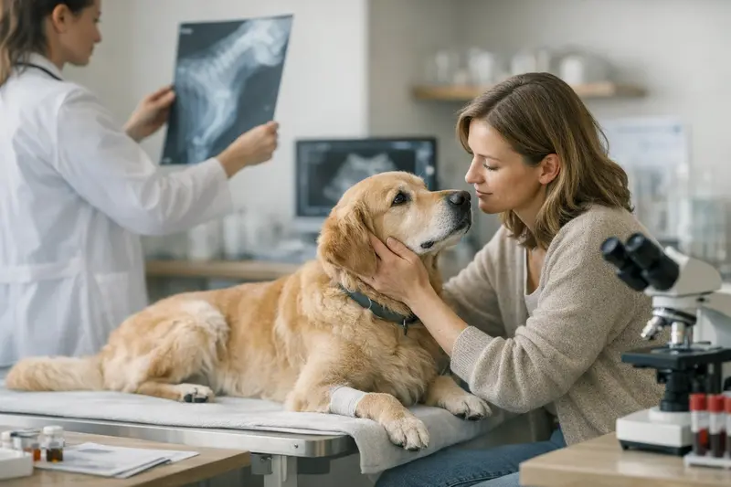 Diagnostik vor Hund OP Tierarzt untersucht einen Hund mit Röntgengerät, um mögliche Erkrankungen vor einer OP zu diagnostizieren.