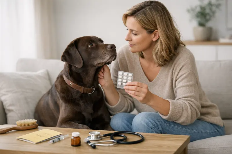 Hund beim Tierarzt zur Gesundheitsvorsorge Ein glücklicher Hund beim Tierarzt, der auf Vorsorgeleistungen wartet.