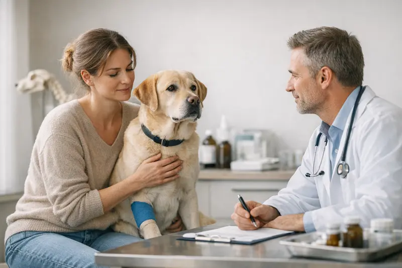 Ein Hund beim Tierarzt, der eine Untersuchung erhält, um den Bedarf an Vollschutz in der Hundekrankenversicherung zu verdeutlichen.