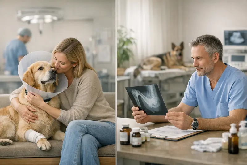 Tierarztbesuch mit Hund für Operation Ein Hund bei einem Tierarzt, der eine Operation benötigt, symbolisiert den Unterschied zwischen OP-Versicherung und Vollschutz.