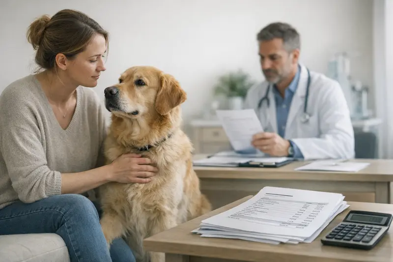 Erstattung nach Gebührenordnung bei Hundekrankenversicherung Hund beim Tierarzt, der eine Rechnung nach Gebührenordnung überprüft.