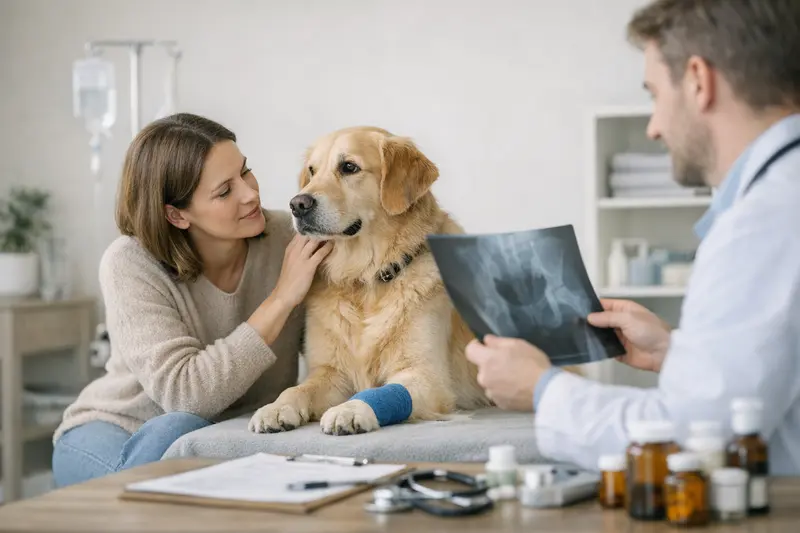 Untersuchung eines Hundes beim Tierarzt Ein Hund bei der Untersuchung durch einen Tierarzt, der die Unterschiede zwischen OP-Schutz und Vollschutz erläutert.