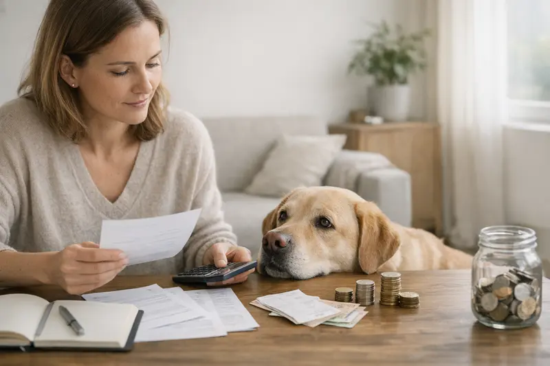 Tierarztbesuch und Hundekrankenversicherung Ein Hund beim Tierarzt, der eine Behandlung erhält, während sein Besitzer die Kostenübernahme mit einer Versicherung bespricht.