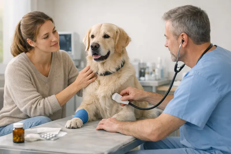 Voruntersuchung beim Tierarzt für Hundekrankenversicherung Glücklicher Hund beim Tierarzt während einer Voruntersuchung für eine geplante Operation.