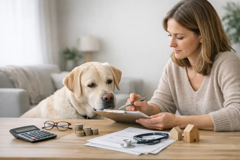 Tarifvergleich Hundekrankenversicherung Ein Hundehalter, der verschiedene Tierkrankenversicherungstarife vergleicht.