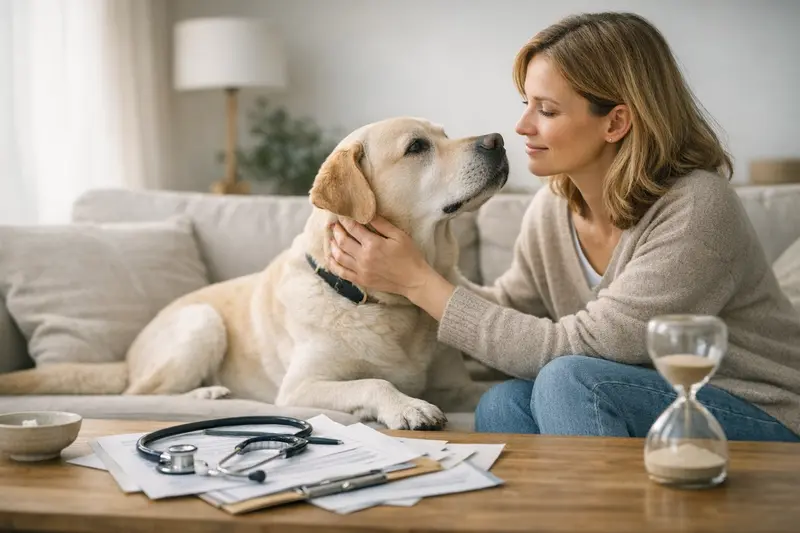 Ein Hundebesitzer vergleicht verschiedene Hundekrankenversicherungen auf einem Tablet.