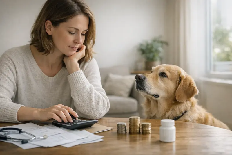 Ein Hund sitzt beim Tierarzt und wartet auf seine Behandlung, während ein Besitzer die Versicherungspapiere betrachtet.