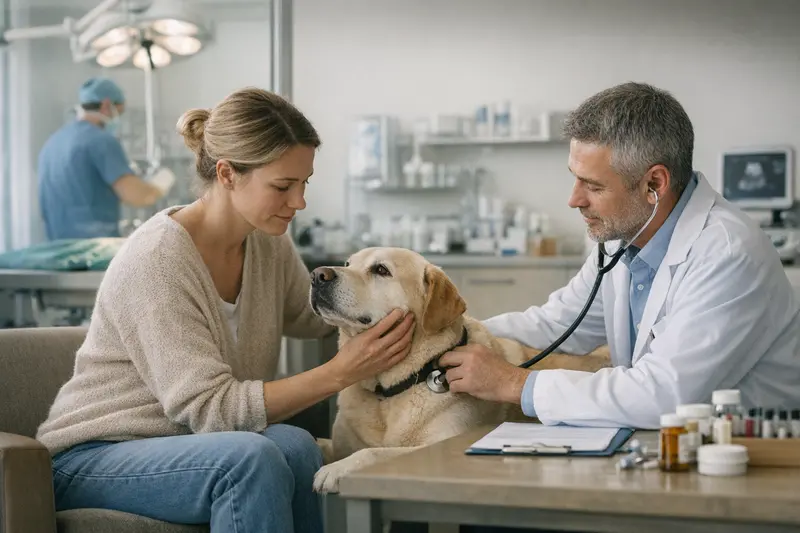 Hund, der in einer Tierarztpraxis untersucht wird, um den Unterschied zwischen OP-Versicherung und Hundekrankenversicherung zu verdeutlichen.