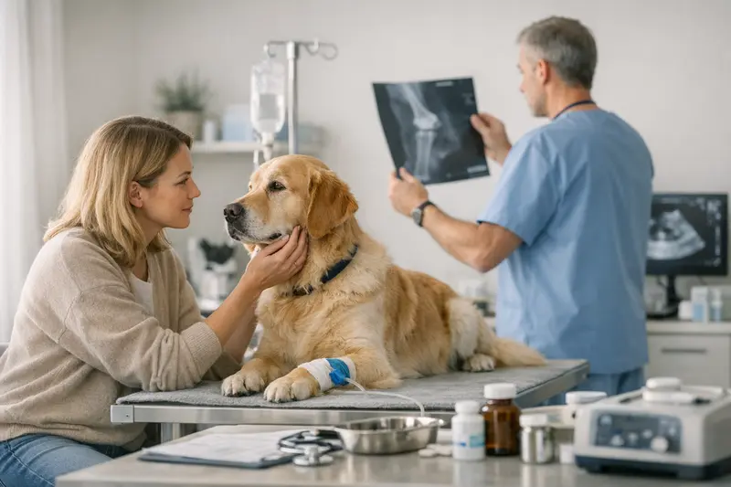Tierarztkosten bei Hundekrankenversicherung Ein Tierarzt untersucht einen Hund und erklärt die typischen Tierarztkosten, die in einer Hundekrankenversicherung abgedeckt sind.