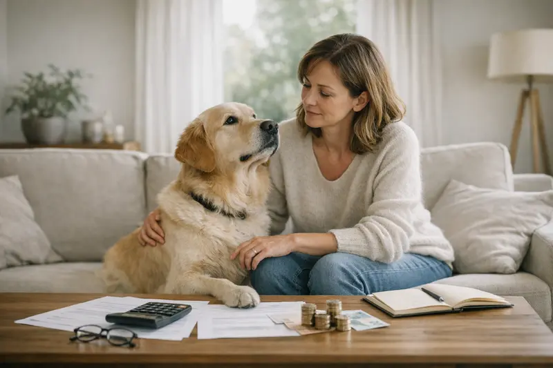 Ein Hund bei einem Tierarzt, der besorgt auf die Kosten der Behandlung schaut.