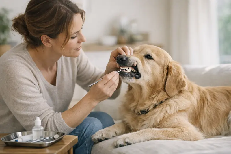 Hund beim Tierarzt, der eine Zahnbehandlung durchführt.