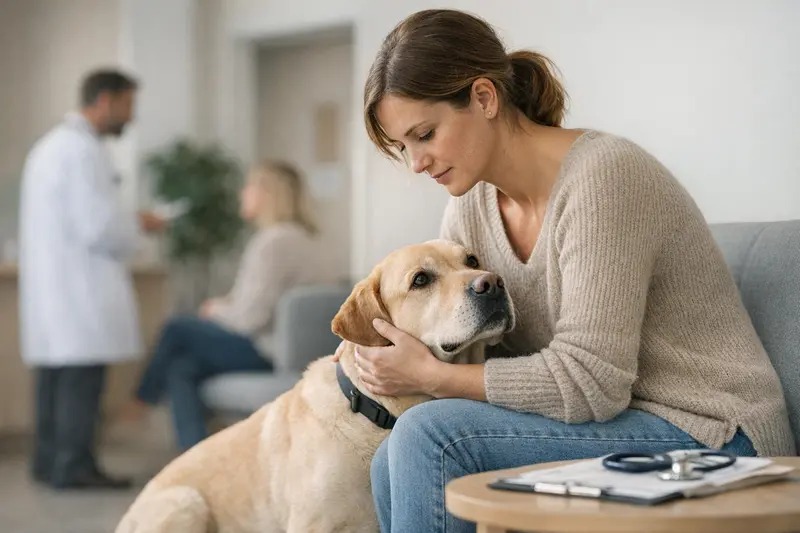 Wartezeiten in der Hundekrankenversicherung verstehen Ein Hundebesitzer mit seinem Hund beim Tierarzt, während er über Wartezeiten in der Hundekrankenversicherung informiert wird.