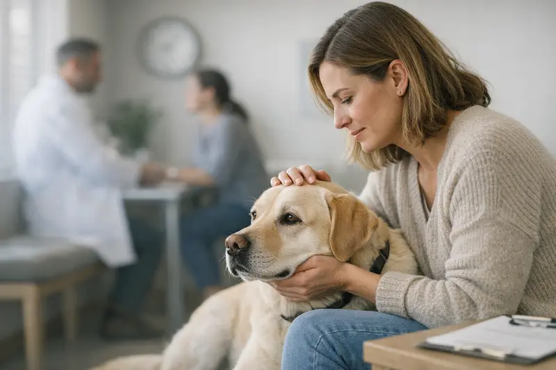 Hund beim Tierarzt mit Halter Ein Hund beim Tierarzt, der eine Untersuchung erhält, während der Halter Fragen zu Wartezeiten in der Versicherung stellt.