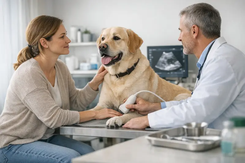 Tierarztbesuch eines Hundes, der sich einer Vorsorgeuntersuchung unterzieht und die Bedeutung einer Krankenversicherung verdeutlicht.