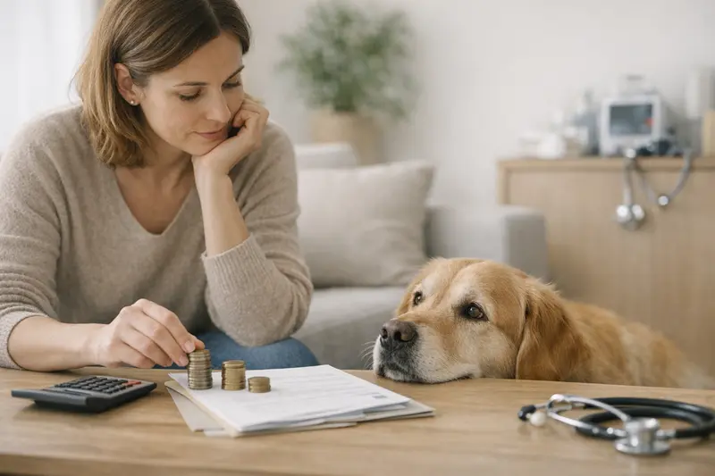 Hund bei Tierarztuntersuchung zur Kostenevaluierung mit Selbstbeteiligung.