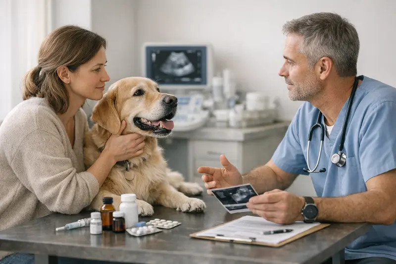 Tierarzt untersucht einen Hund auf mögliche Krankheiten im Zusammenhang mit Diagnostik und Medikamenten.