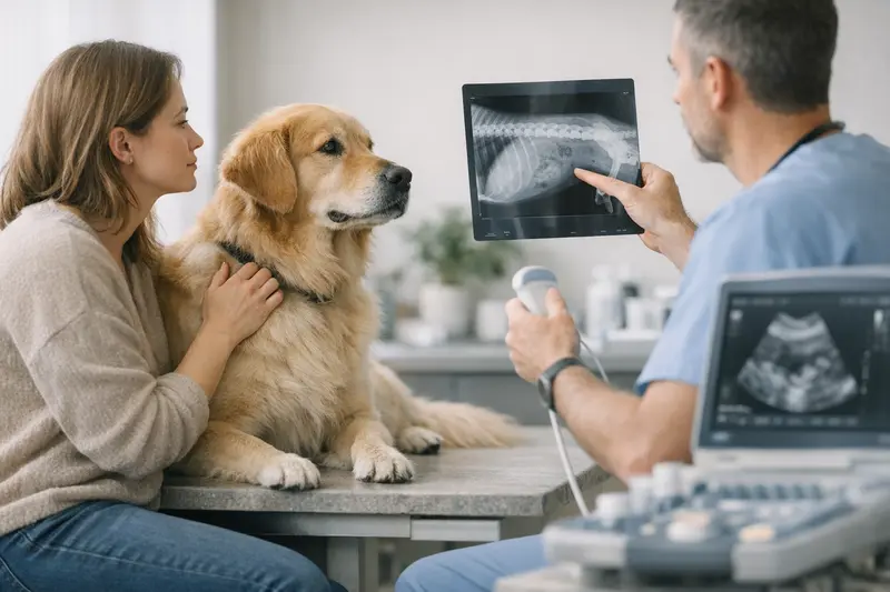 Röntgenuntersuchung bei Hunden Tierarzt bei der Durchführung einer Röntgenuntersuchung an einem Hund.