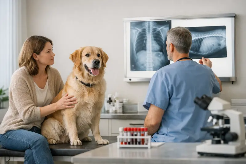 Diagnostik bei der Hundekrankenversicherung Ein Hundebesitzer sieht sich die Röntgenaufnahme seines Hundes beim Tierarzt an.