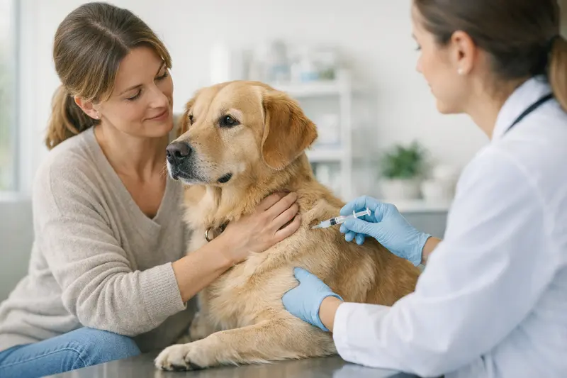 Hund beim Tierarzt zur Vorsorge Ein glücklicher Hund beim Tierarzt, um die Wichtigkeit von Vorsorgeuntersuchungen zu betonen.