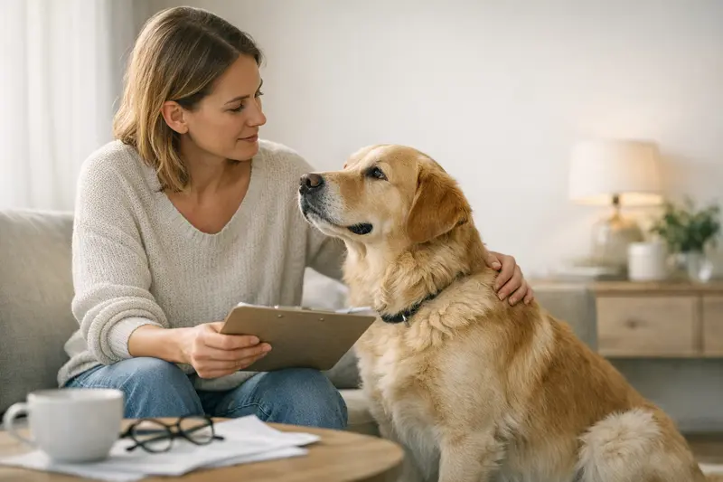 Beste Zeit für den Versicherungsabschluss Eine entspannte Hundebesitzerin beim Tierarzt mit ihrem Hund, symbolisiert wichtige Entscheidungen zur Krankenversicherung.