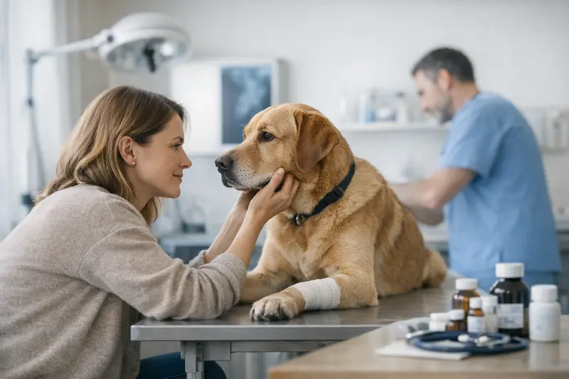 Ein Hund beim Tierarzt, der eine gesunde Untersuchung erhält, symbolisiert die Unterschiede zwischen OP-Schutz und Hundekrankenversicherung.