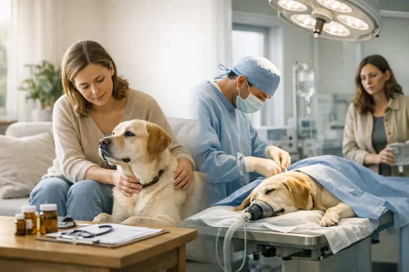 Tierarztuntersuchung beim Hund Ein Hund wird von einem Tierarzt untersucht, um mögliche Krankheitskosten zu besprechen.