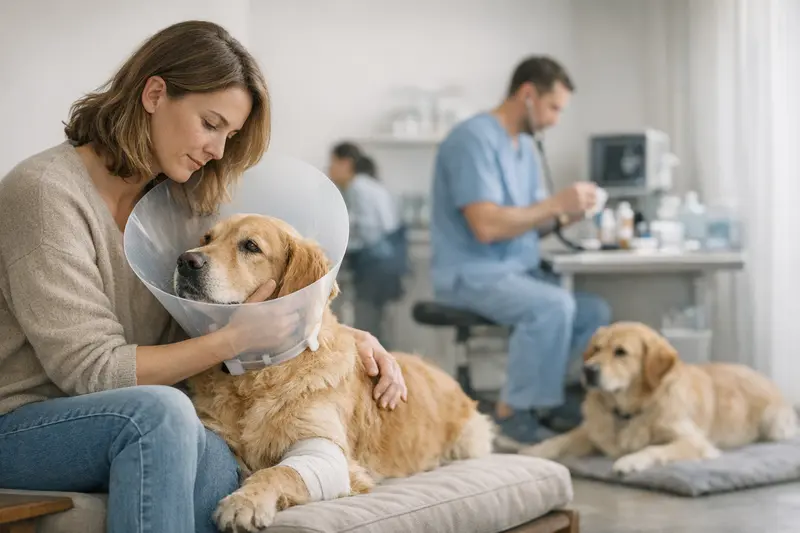 Unterschiede zwischen OP-Versicherung und Hundekrankenversicherung Hund beim Tierarzt, der operativ behandelt wird, mit Fokus auf die Unterschiede zwischen OP-Versicherung und Hundekrankenversicherung.