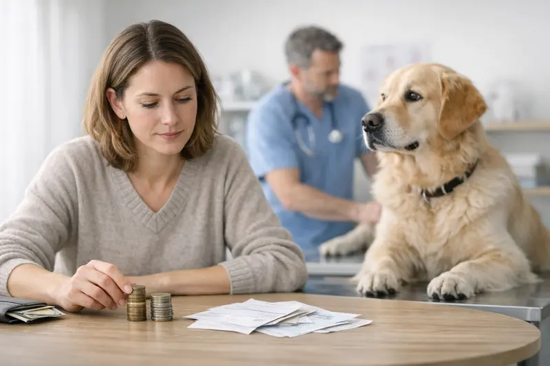 Selbstbeteiligung in der Hundekrankenversicherung Ein Hundebesitzer diskutiert die Selbstbeteiligung seiner Hundekrankenversicherung mit dem Tierarzt.
