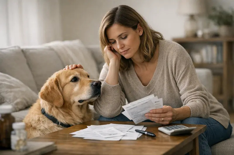Selbstbeteiligung in der Hundekrankenversicherung Ein Hund wird von einem Tierarzt untersucht, während der Halter über die Selbstbeteiligung seiner Krankenversicherung nachdenkt.