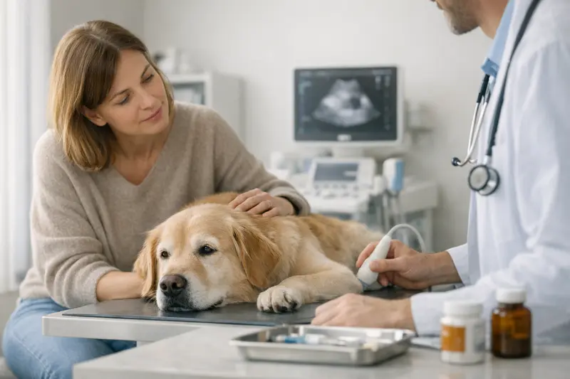 Tierärztliche Untersuchung eines Hundes Eine Tierärztin untersucht einen Hund auf einer Untersuchungsliege in einer Klinik.